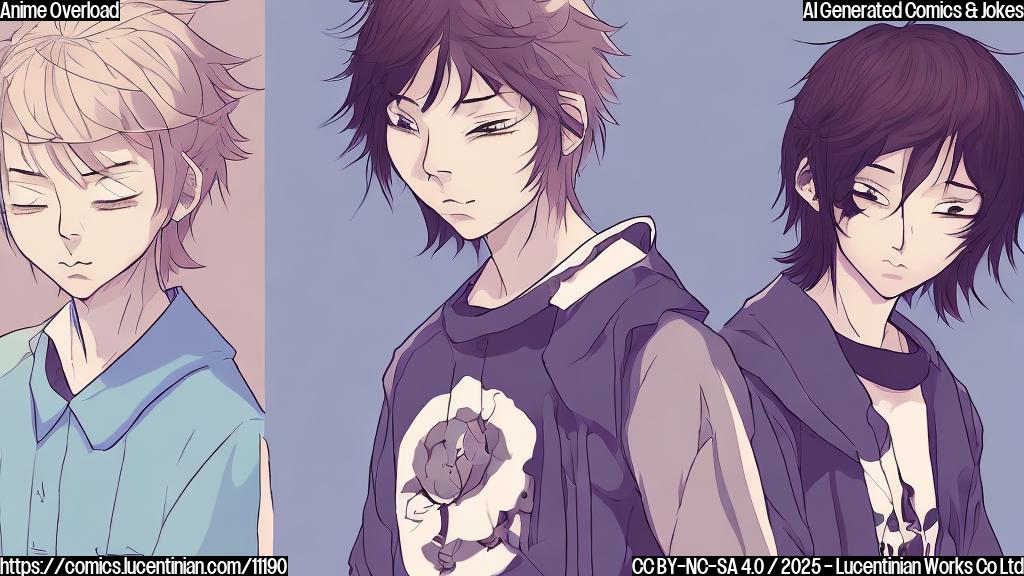 a simple cartoon drawing of a crying anime guy in a colorful anime style and a serious looking live action guy in a dark, realistic style with a plain light blue background.