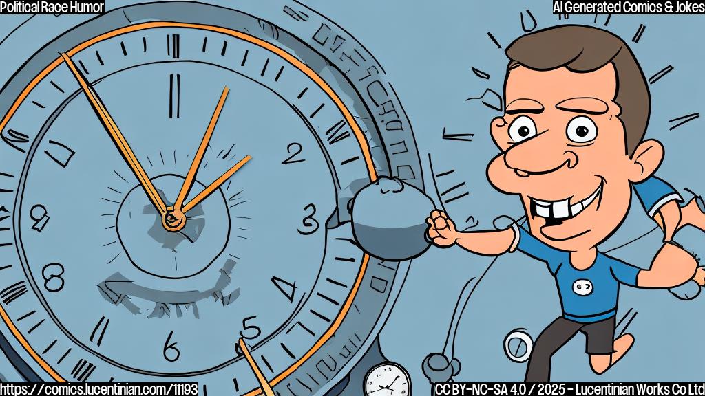 A cartoon-style drawing of a generic smiling man in running gear, looking determined, with a large clock looming behind him. The clock has exaggerated cartoon features, like bulging eyes and a mischievous grin. The background is a plain light blue.