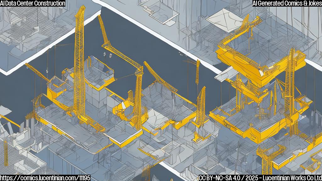 A plain color cartoon style image showing a construction site with oversized servers being carefully lowered into place by cranes. The servers have simple, friendly faces on them.