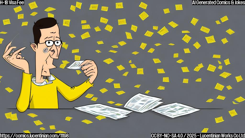 A frustrated programmer with a laptop, looking at a bill with a lot of zeros on it. Cartoon style, plain yellow background.