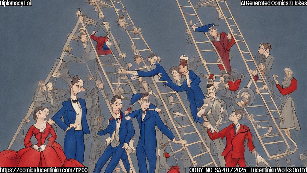 A cartoon image depicting a group of diverse, stylized figures standing around a very tall ladder. One figure in a dark blue suit and red tie is climbing the ladder, while the other figures look on with confused expressions. The background is a plain light blue color. The overall style should be simple and clean.