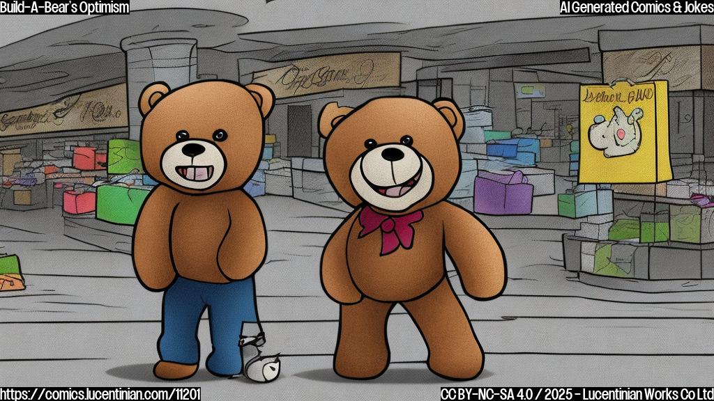 a plain color cartoon style picture of a smiling teddy bear standing in front of a nearly empty shopping mall.