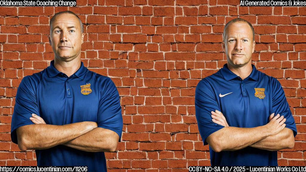A cartoon image of a football coach standing in front of a brick wall with a confused expression. He is holding a very short ladder. The background is a plain orange color.
