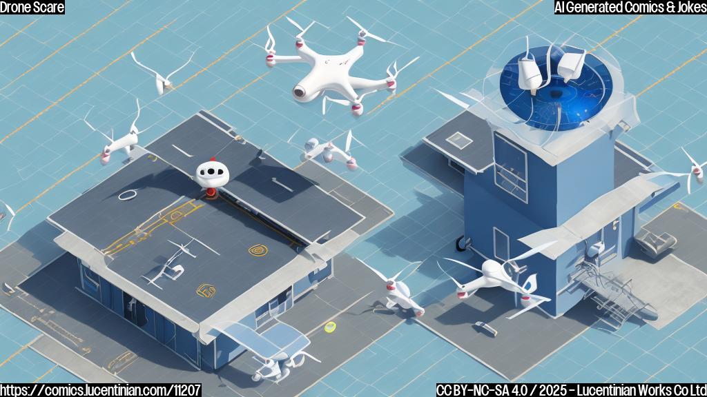 cartoon style, plain light blue background, an airport control tower with radar spinning, a small generic quadcopter drone hovering nearby, a security guard character with a confused expression.