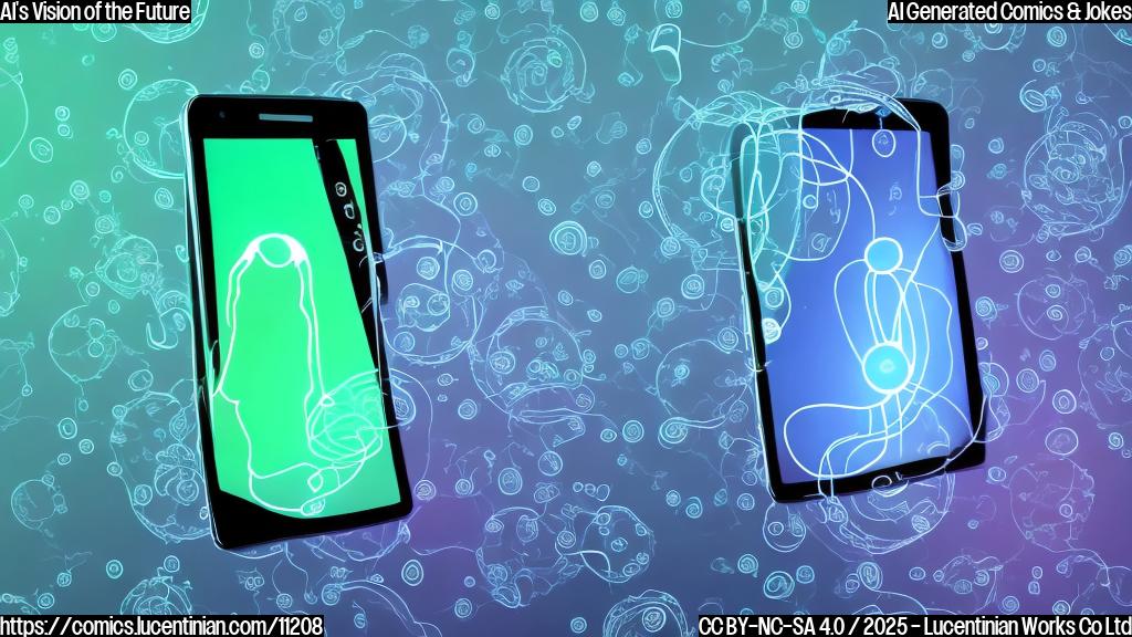 A cartoon drawing of an Android phone looking confused and slightly blurry, surrounded by swirling translucent glass shapes and glowing AI icons. The background is a simple, plain light blue. The phone has a generic, friendly face drawn on its screen.