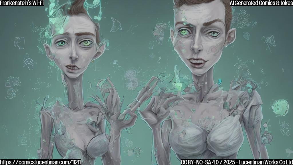 Cartoon drawing of a pale green, stitched-together creature wearing a torn wedding dress, looking frustratedly at a laptop. A very tall, gaunt figure with dark circles under his eyes stands behind her, also looking confused. A Wi-Fi symbol with a question mark above it floats nearby. The background is a simple, plain light blue.