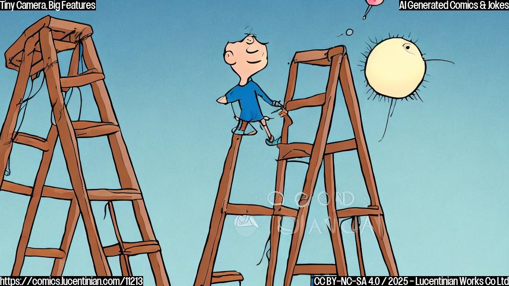 A cartoon-style illustration of a very small camera with a surprised expression looking up at a very tall ladder. The ladder is slightly out of frame, emphasizing its height. The background is a plain pastel blue.