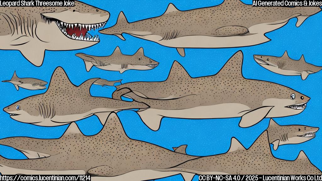 Cartoon illustration in a plain color style of three leopard sharks swimming in a V formation. Two sharks are light gray and one shark is tan. The shark in the middle is looking confused.
