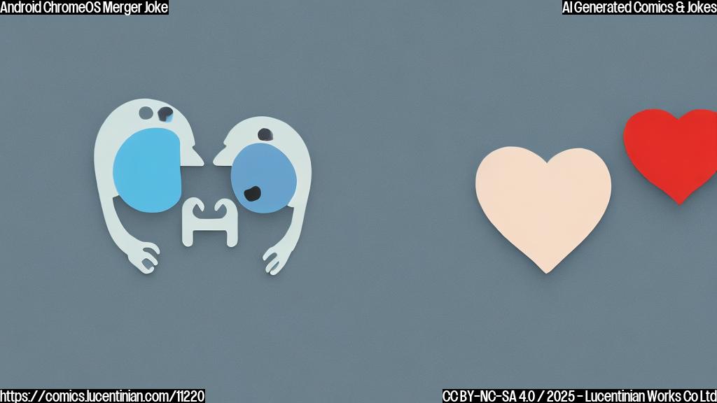 A cartoon-style image of a sad-looking Android phone icon and a sad-looking ChromeOS laptop icon standing far apart. Above them is a single heart divided in two. The background is plain light blue.