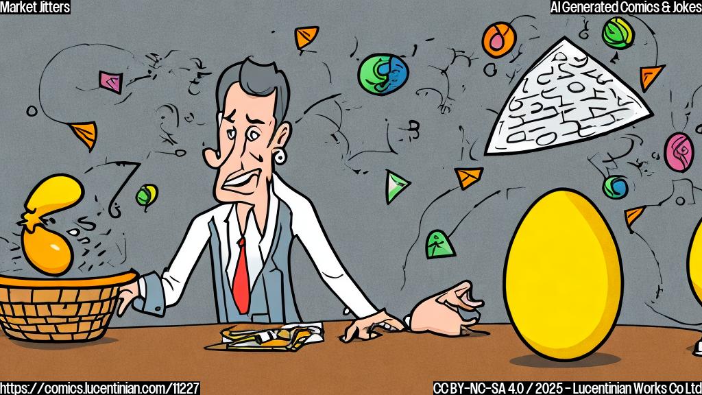 A cartoon drawing of a worried investor sweating profusely, surrounded by charts with downward-pointing arrows, with a single, oversized egg about to crack beside a basket. The style is simple and colorful with a plain background.