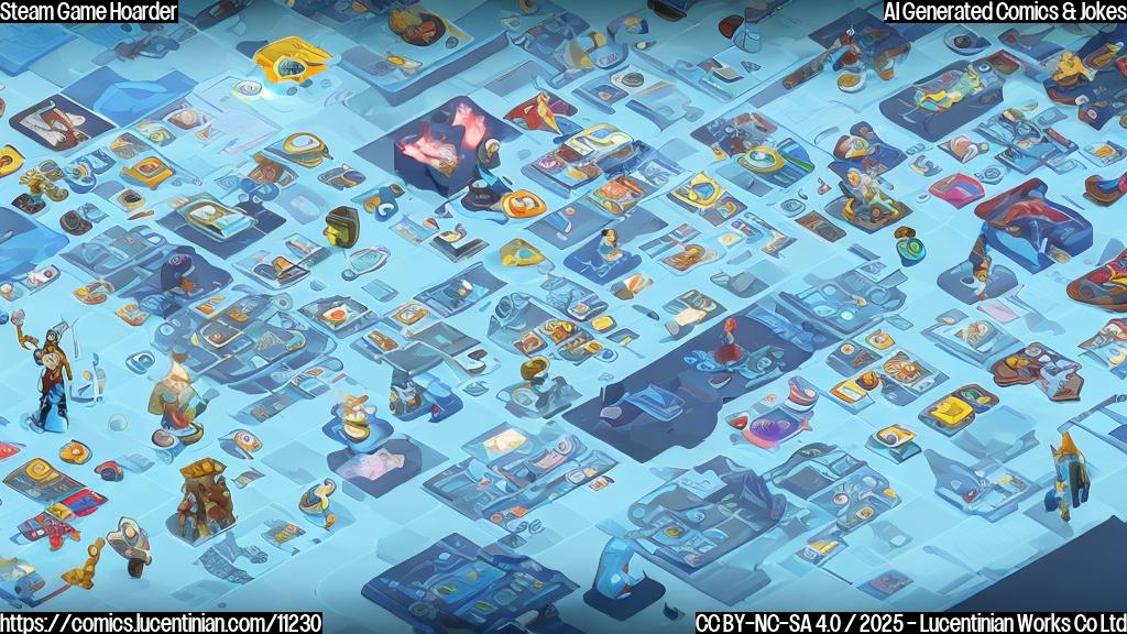 Cartoon style, plain light blue background, a digital badge with the words "Ultimate Collector" on it, hovering above a sad-looking, stick-figure gamer with a giant screen behind him displaying thousands of game icons.