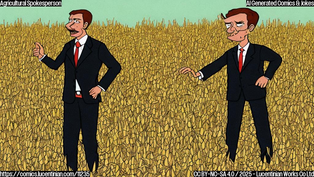 A cartoon image of a man in a suit standing in a field of corn, looking confused. The style is plain color and cartoonish.