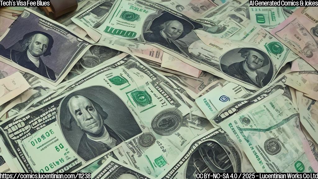 A sad looking computer with a dollar sign on its screen, surrounded by piles of money and a single H-1B visa document, plain color cartoon style.