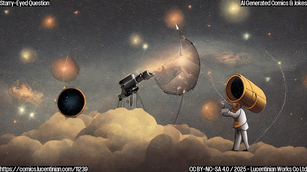 A cartoon style plain color picture. An astronomer with a telescope is sadly waving goodbye to a group of stars that are drifting away into the dark background.