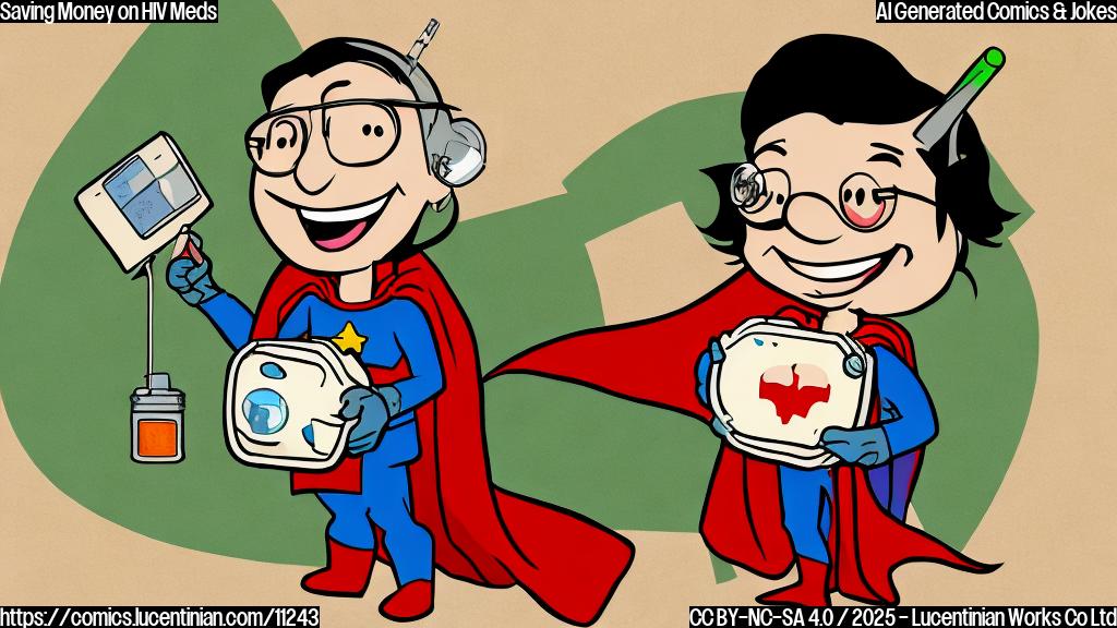 Plain color cartoon style image of a smiling medical injection syringe wearing a superhero cape and holding a piggy bank.