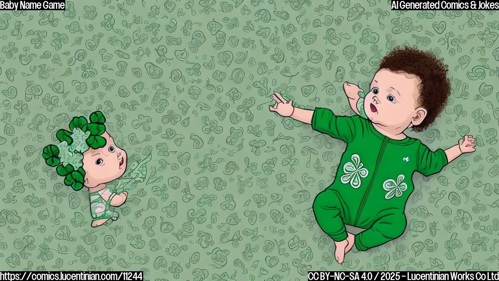 A cartoon image in a plain color style featuring a baby wearing a green shamrock-patterned onesie, with musical notes floating around its head. The background is a solid pastel green.