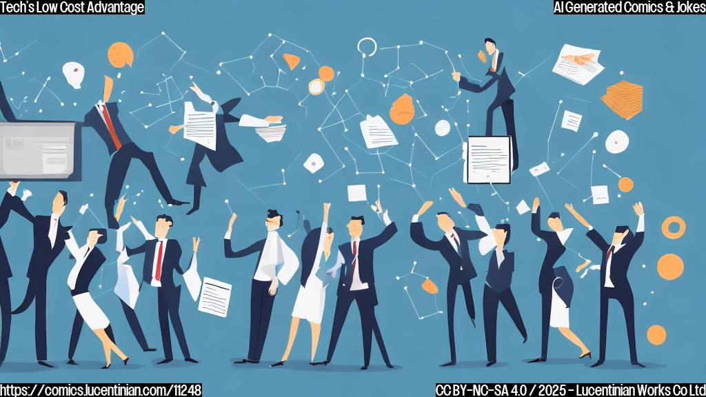 A cartoon image of a group of simplified figures in business attire joyfully celebrating around a single, oversized computer chip. The background is a plain, bright blue. The style is minimalist and uses simple shapes to represent the figures and the chip.