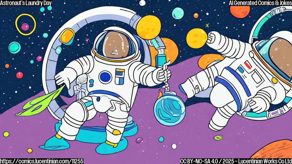A simple cartoon of a spacesuit floating in zero gravity, surrounded by bubbles and a washing machine with a confused expression. All in a flat, plain color style.