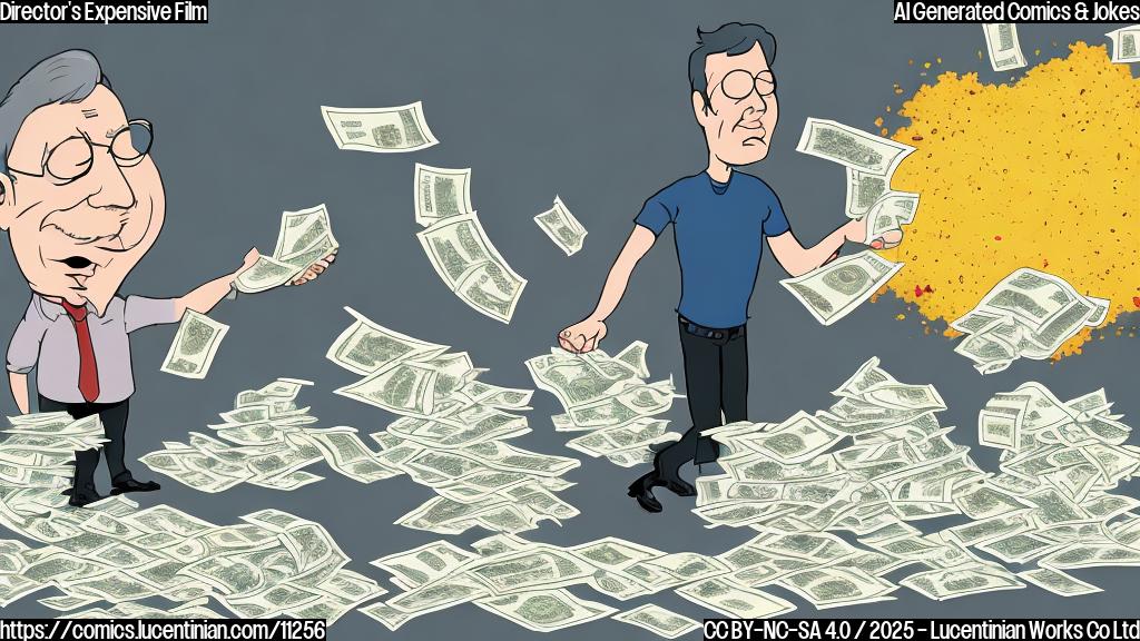 A simple cartoon illustration of a film director looking stressed with piles of money surrounding him. In the background, there are explosions and chaotic scenes representing "one battle after another." The style should be plain, with solid colors and thick outlines.