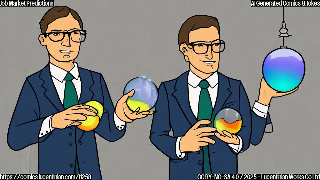 Plain color cartoon style picture of an economist wearing glasses and a suit, holding a glowing crystal ball in a brightly lit office. Stock charts are faintly visible in the background.