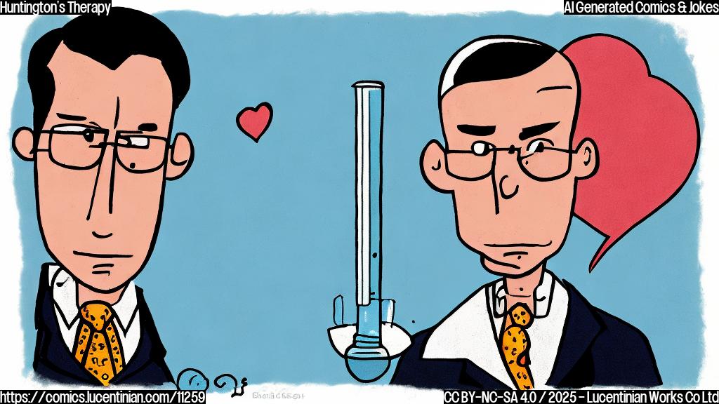 Cartoon image of a sad looking scientist with a broken heart standing next to a test tube with a sad face, both in a plain, light blue background.