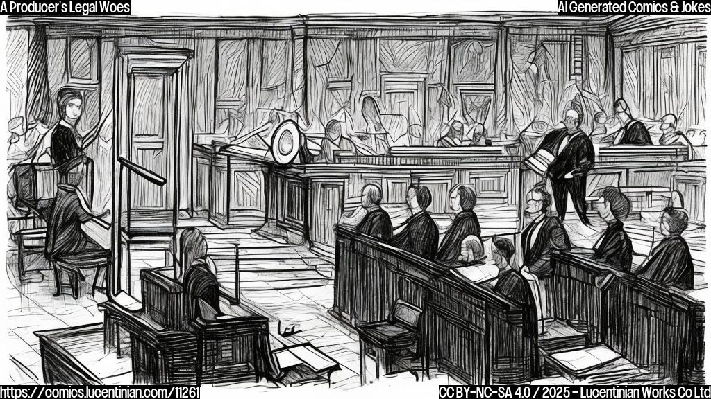 A cartoon-style image depicting a music producer, drawn in a simple, plain color style, awkwardly carrying a large ladder into a courtroom. The judge is looking on with a bemused expression. The courtroom background is minimalist.