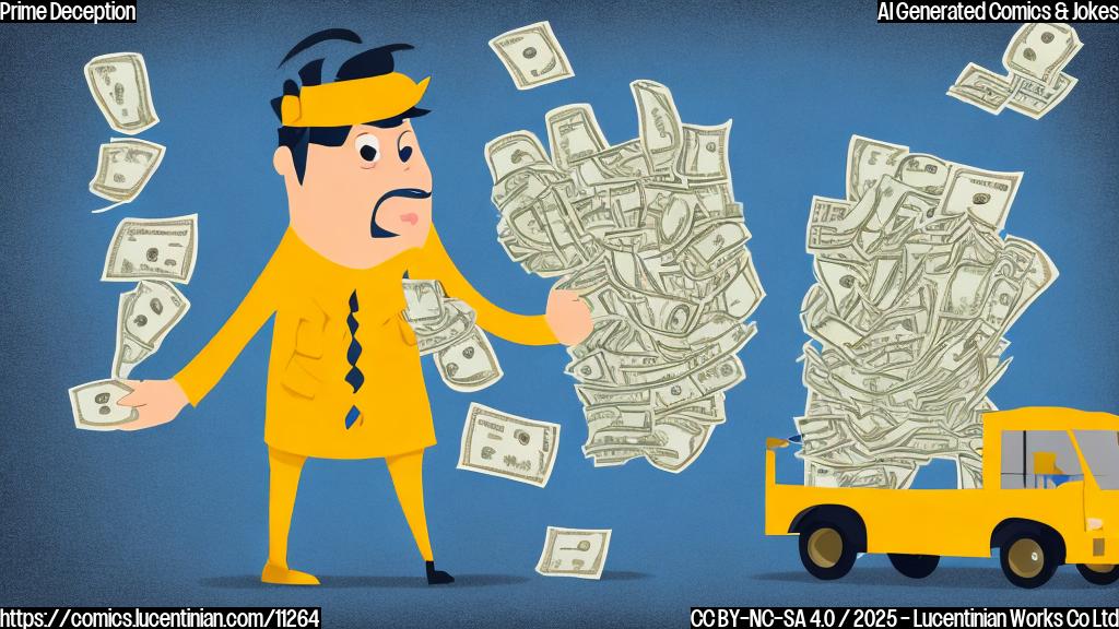 a plain cartoon style picture of a confused person looking at a giant pile of money next to a small delivery truck. The background is a simple blue color.