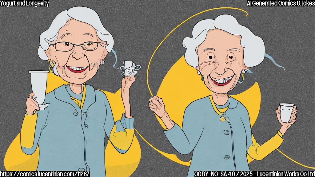A cartoon illustration in a flat, vector style. An elderly woman with gray hair smiles warmly, holding a small cup of yogurt. A thought bubble above her head shows a long, winding road representing her long life. The background is a plain, cheerful yellow.