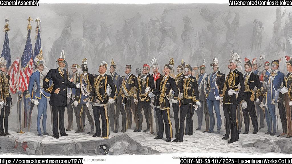 Plain color cartoon style drawing of a cable news host standing on a stage with a microphone. Behind him, a large group of generals and admirals in uniform stand stiffly, their chests covered in medals. The news host is grinning widely, pointing at the audience. The background is a simple blue.