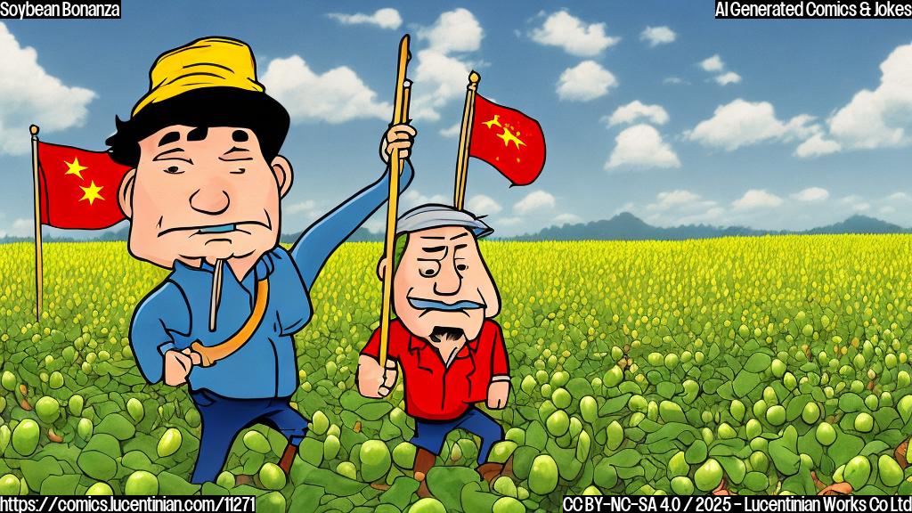 A cartoon style image of a sad looking soybean farmer standing in a field of soybeans, with a thought bubble showing a soybean wearing an Argentina flag sash running towards a Chinese flag. Plain color background.