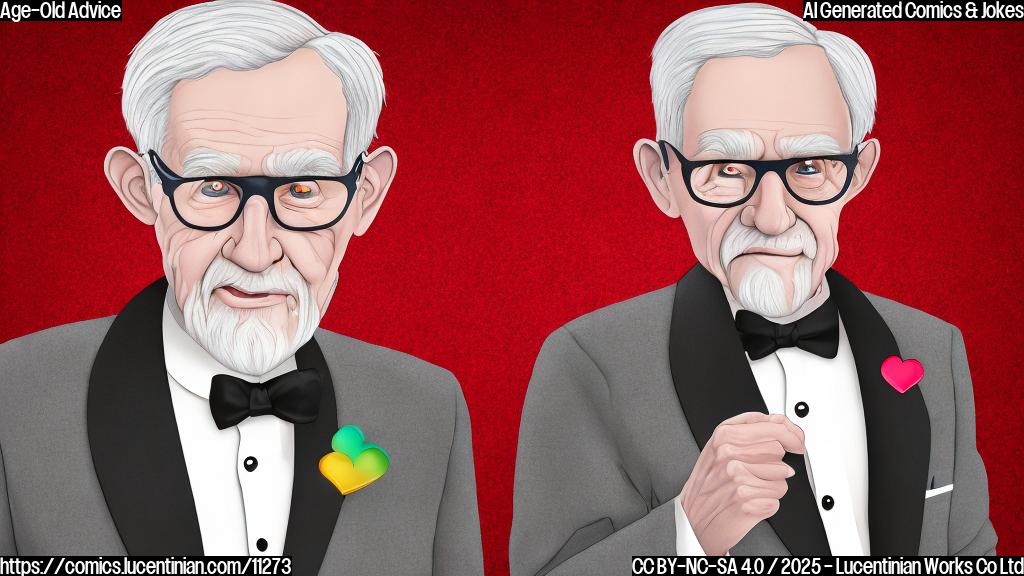 Plain color cartoon style of an elderly man with gray hair and glasses, wearing a tuxedo, standing in front of a heart-shaped backdrop. The backdrop is also a plain color. Everything needs to be easily recognizable.