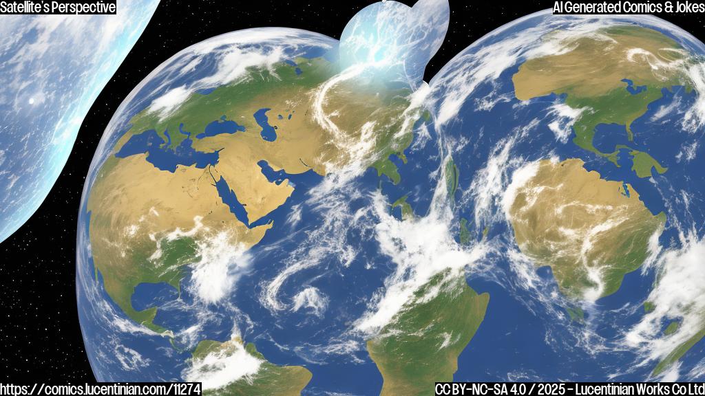 Plain color cartoon style image of a sad looking satellite floating away from a slightly annoyed looking Earth.