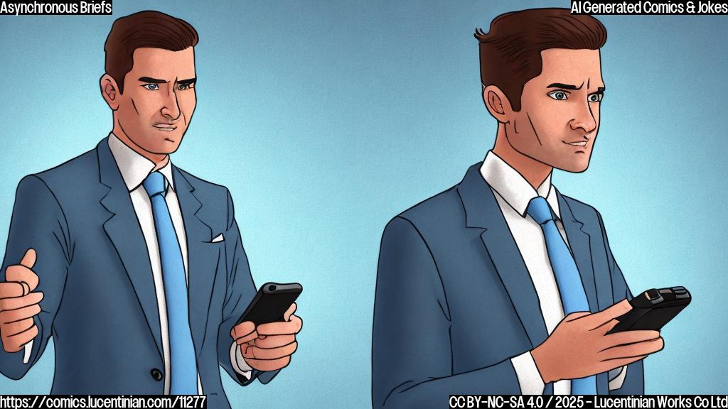 A cartoon drawing, solid light blue background, depicting a sad news reporter with a microphone, looking away from a glowing smartphone displaying a personalized news report. The reporter has messy brown hair and wears a grey suit. The smartphone screen shows a stylized sunrise graphic and lines of text.