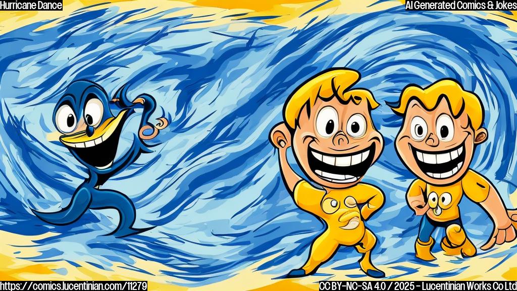 Two cartoon hurricanes with swirling arms, close to each other over a blue ocean, one looking confused, the other with a goofy grin. Plain color background.