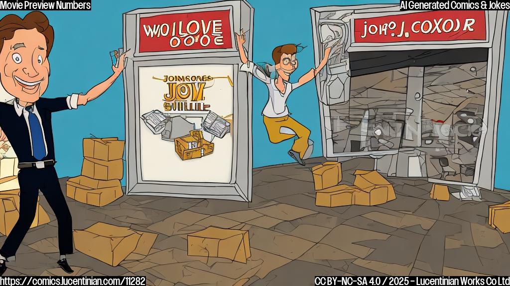 A plain color cartoon style image of a generic movie studio executive jumping for joy in front of a box office screen displaying "$2.5 Million".
