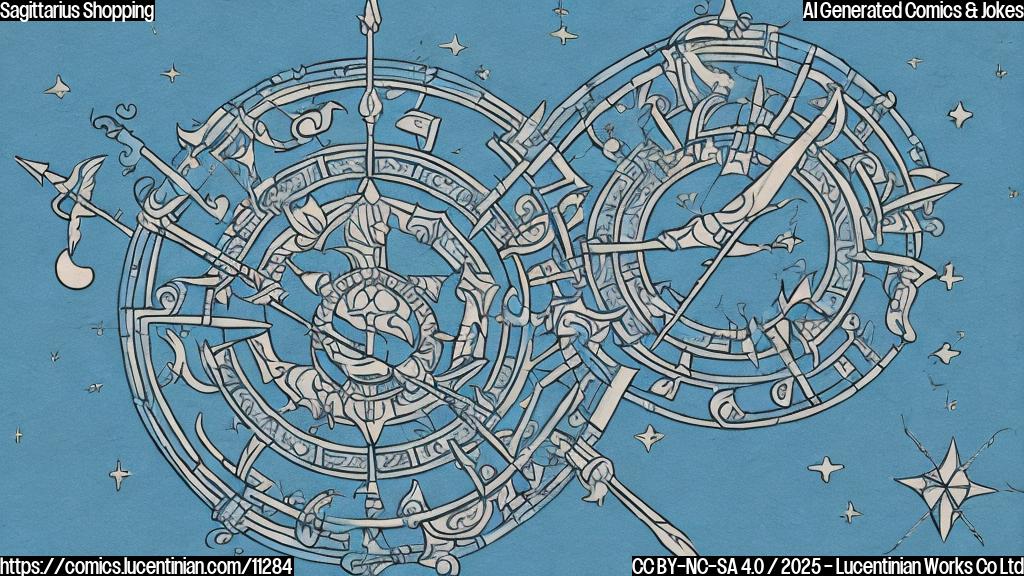 A simple, cartoon-style image. The background is a plain light blue. In the center, a stylized archer (Sagittarius zodiac sign) with a bow and arrow, pointing towards a closed store with a big "SALE" sign hanging on the door. The archer looks disappointed. The sky is filled with stylized stars and a crescent moon with a sad face.