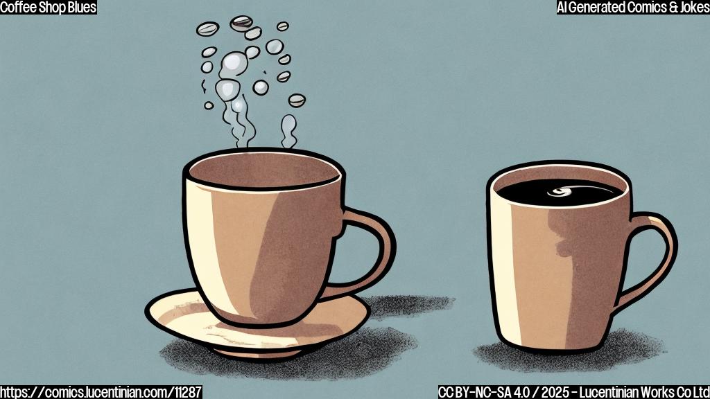 A cartoon drawing of a sad-looking coffee cup with steam coming out like tears. The background is a plain light blue color.