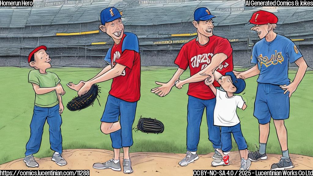 A cartoon drawing in plain colors, showing a joyful adult male handing a baseball to a thrilled young boy. The adult is wearing a baseball cap and a t-shirt, and the boy is wearing a baseball glove. They are standing near baseball stadium seats.