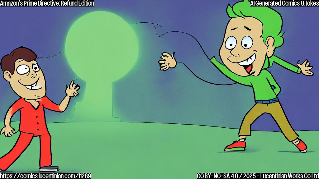 A cartoon of a person happily skipping across a road towards a giant "CANCEL" button, with a bright green background. The person is simple, with no specific features, wearing generic clothing. The button is brightly colored and easily recognizable. Style is plain color cartoon.