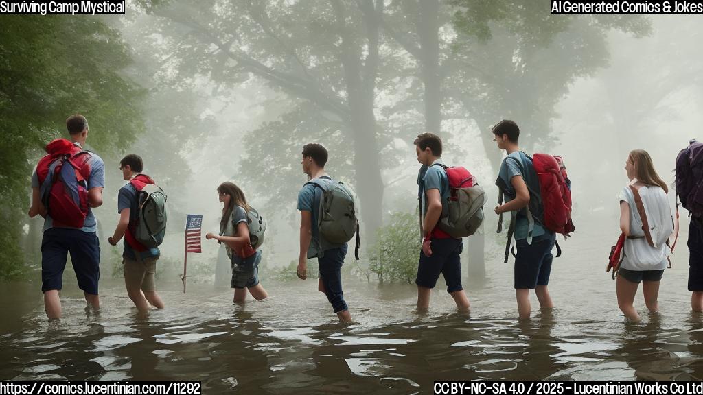 a group of young adults, mostly in their early twenties, with backpacks and a mix of athletic and casual clothing, are shown walking along a flooded path near a campsite with a "closed" sign, while one of them is shown holding an American flag, another one is holding a rescue dog, and the background is filled with trees and a misty atmosphere.