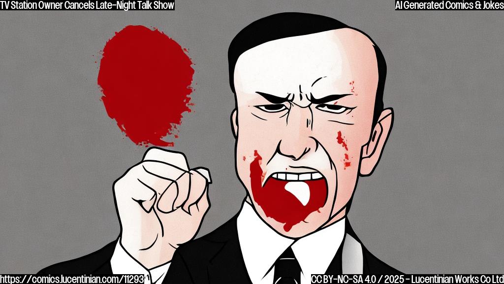 Plain color cartoon style image of a red-faced, balding man in a suit standing in front of a television screen with a big X over it. The man is shaking his fist.