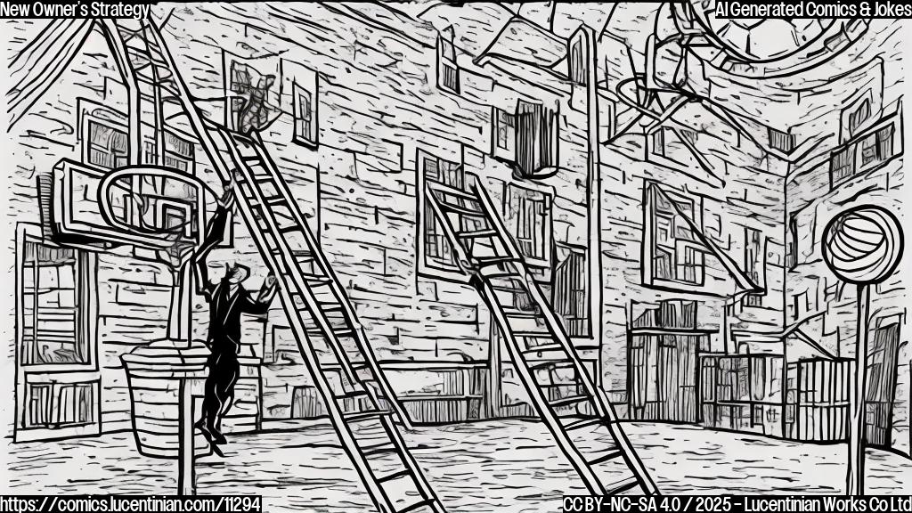 A cartoon style drawing in plain colors depicting a man in a business suit holding a very tall ladder in front of a basketball hoop.