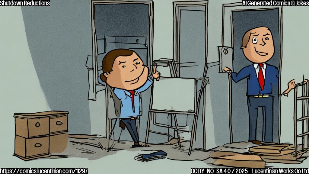 A cartoon drawing of a government office cubicle, with a worried-looking worker in a button-down shirt and tie carrying a ladder out of the office. The background is a plain light blue color.