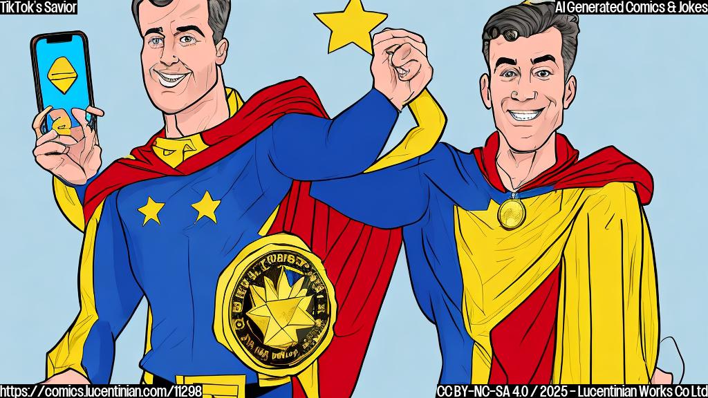 A cartoon drawing of a golden executive order wearing a superhero cape and a medal, standing proudly in front of a smartphone displaying the TikTok logo. The background is a simple plain light blue.