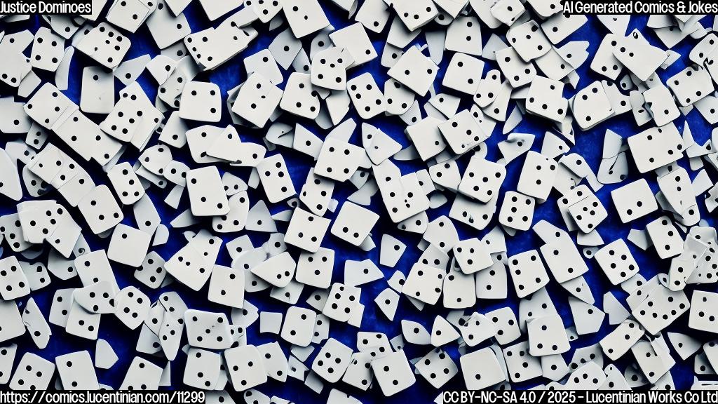 A single, over-sized domino falling and knocking over a series of smaller dominoes. The smaller dominoes are stylized with symbols of law and order (scales, gavels). The background is a simple, plain blue color. Cartoon style.
