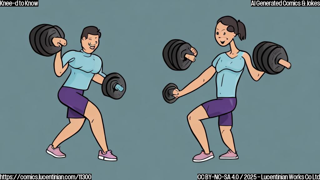 A cartoon-style drawing of a smiling knee joint wearing workout clothes and lifting a tiny dumbbell. The background is a plain light blue.