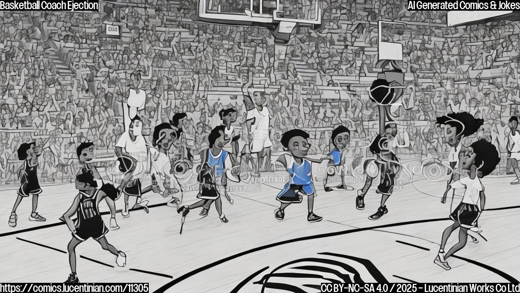 A cartoon drawing of a basketball court. A frustrated woman with short hair, wearing a blue basketball tracksuit and sneakers, is running onto the court with arms waving wildly. A referee in black and white stripes is blowing a whistle and pointing towards her. The background includes basketball players in blue and white uniforms looking surprised. The image is in a simple, colorful, cartoon style.