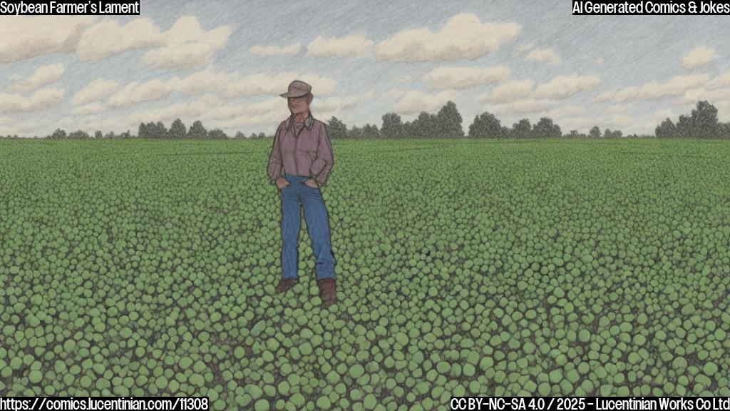 A simple cartoon drawing of a sad farmer standing in a field of soy plants, with large piles of soybeans in the background. The color scheme is muted and plain.