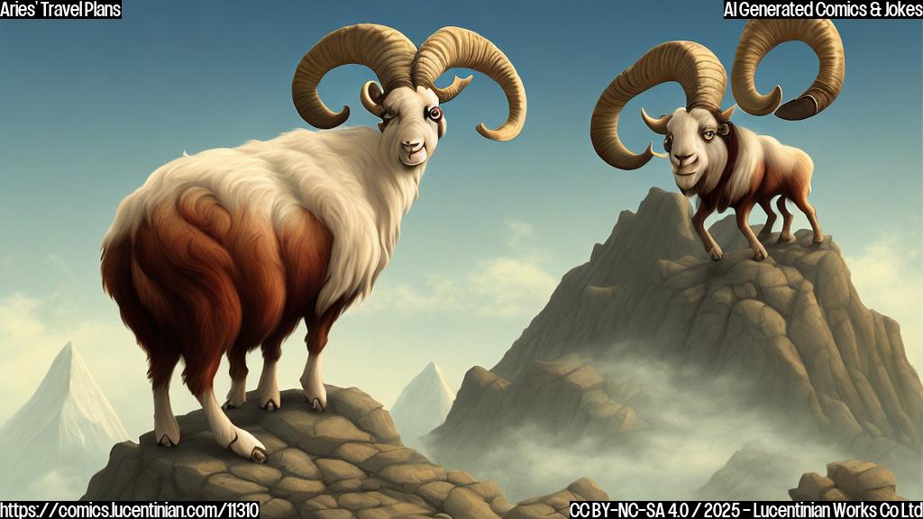 Plain color cartoon style. A ram character looking disappointed at a very tiny mountain range that fits on a desk.