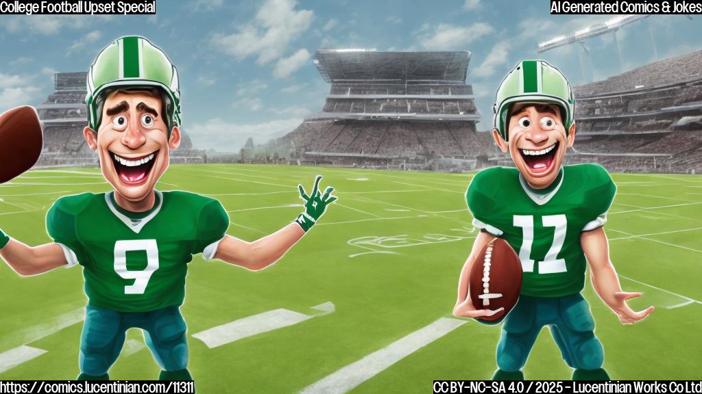 Cartoon illustration of a green football team mascot wearing a helmet and pads, carrying a very large ladder, with a surprised expression. In the background, a slightly out-of-focus stadium is visible. The style is simple, plain color cartoon.